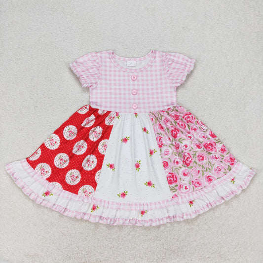 Kids Girls Short Sleeves Pink Plaid Flower Summer Twirl Dress