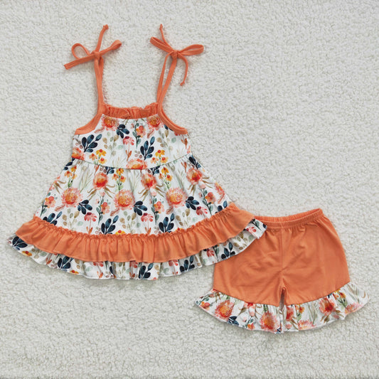 Promotion Baby Girl Floral Sleeveless Tops Ruffle Orange Shorts Outfit