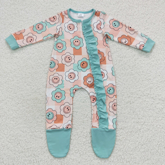 LR0405 Baby Girl Long Sleeves Floral Zipper Footie Romper