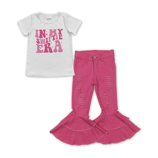 GSPO1469 Baby Girl Short Sleeves Singer Shirt Pink Denim Pants Set