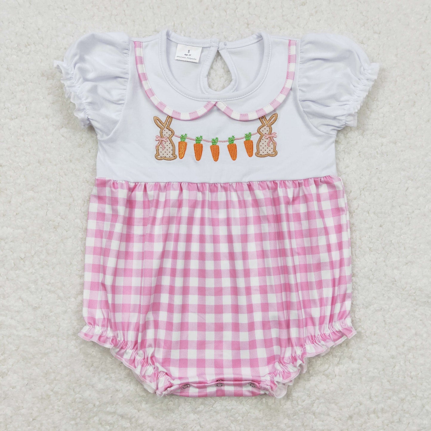 Baby Boy Short Sleeves Embroidery Carrot Rabbit Blue Plaid One Piece Romper