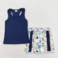 Baby Girl Sleeveless Bow Navy Blue Tops Floral Shorts Summer Set