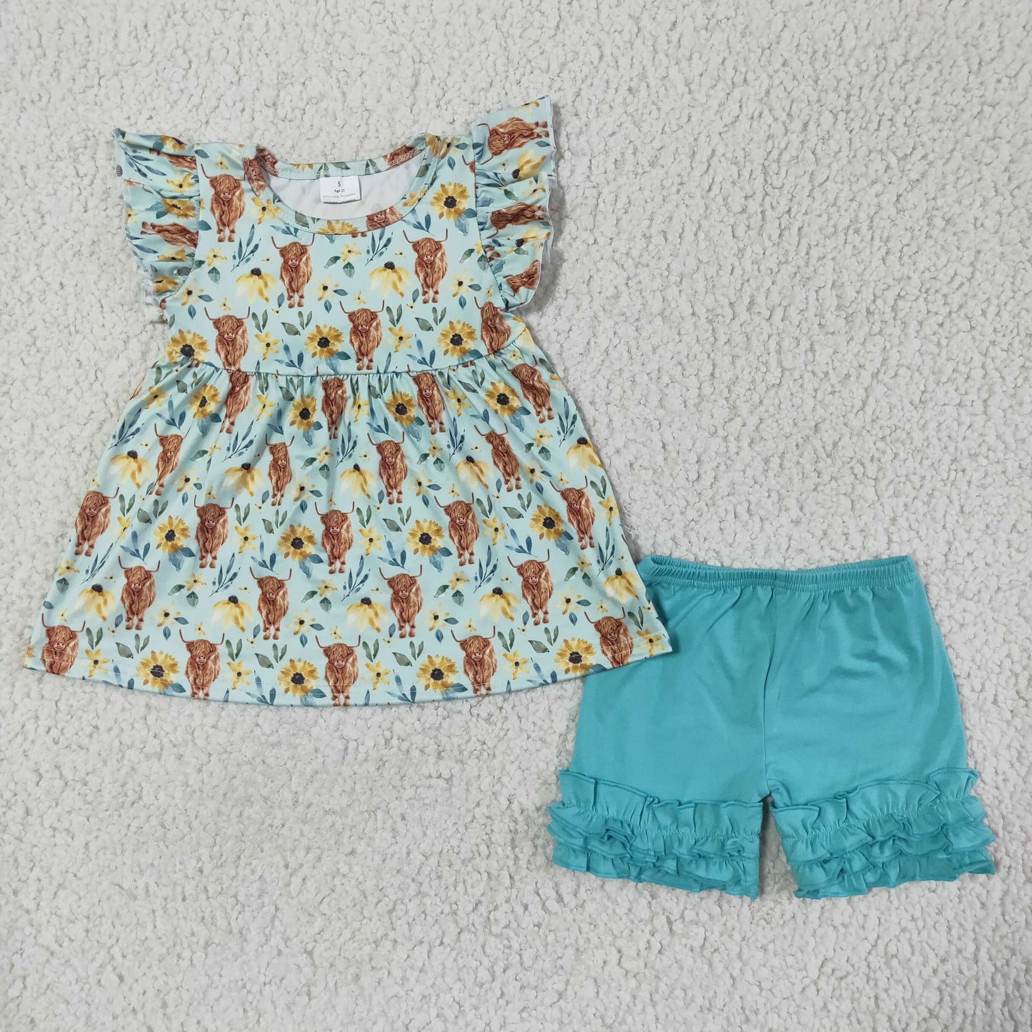 Promotion Baby Girl Short Sleeves Highland Cow Floral Tunic Ruffle Shorts Western Set