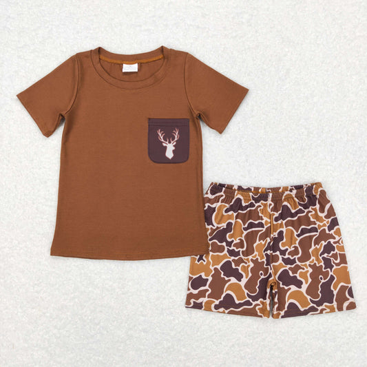 BSSO0302 Baby Boy Short Sleeves Deer Pocket Shirt Camo Shorts Summer Outfit