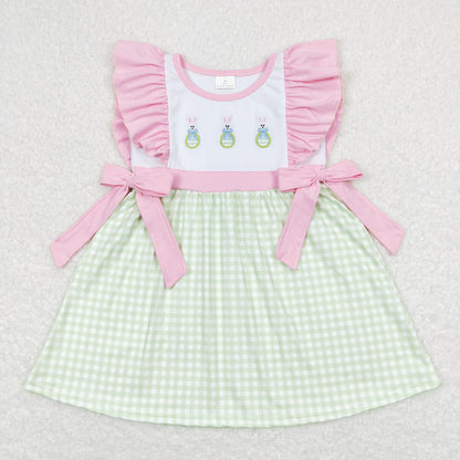 Baby Girl Easter Short Sleeves Embroidery Rabbits Plaid Dress