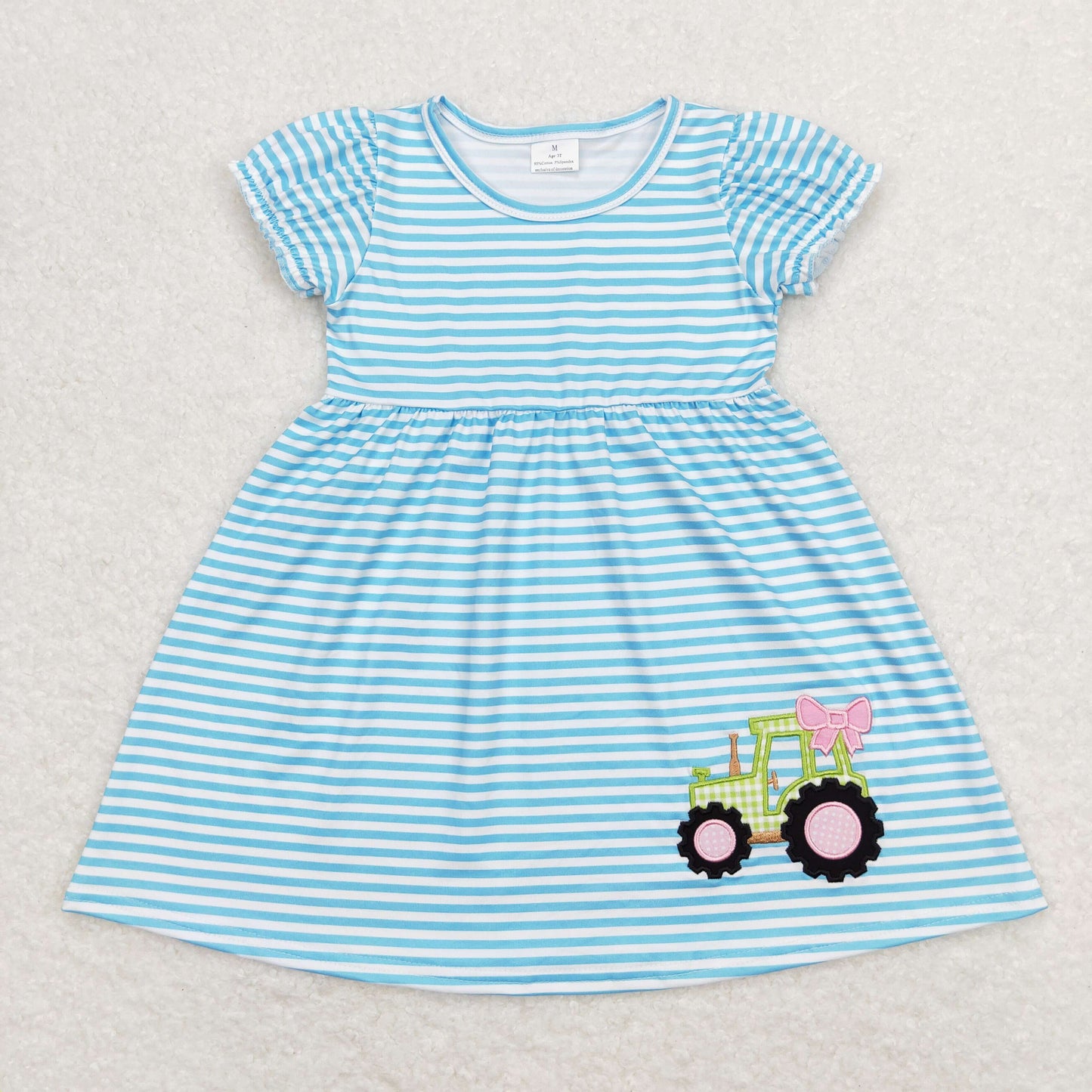 Baby Girl Summer Short Sleeves Embroidery Tractor Stripes Dress