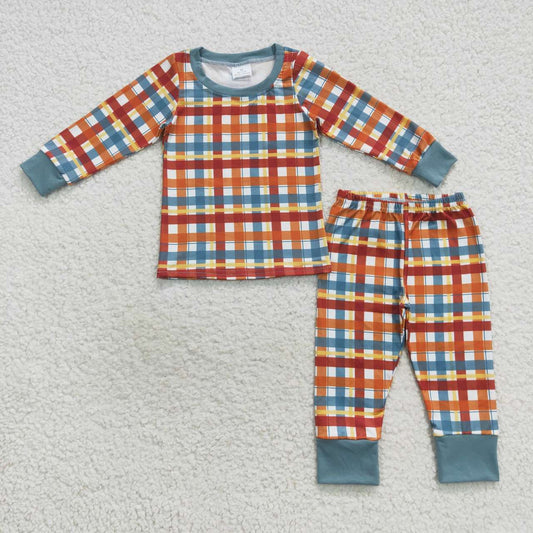 BLP0308 Thanksgiving Baby Kids Long Sleeves Shirt Pants Plaid Fall Outfit Pajamas