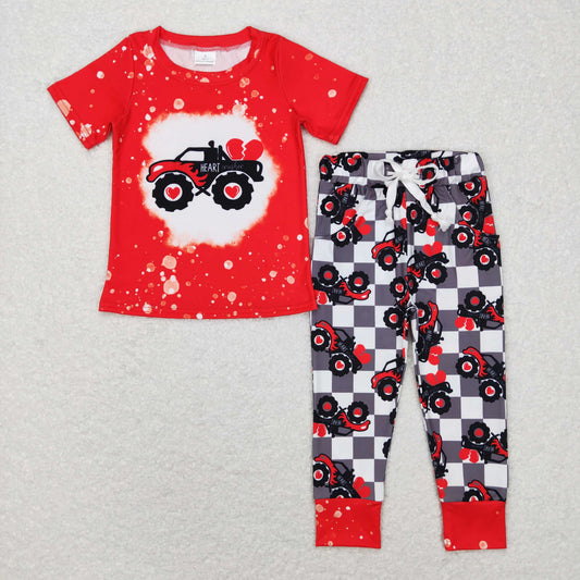 BSPO0227 Baby Boy Short Sleeves Valentine's Day Tractor Shirt Checkered Pocket Pants Set