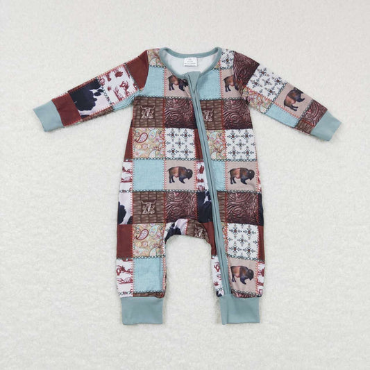 LR0734 Baby Boy Long Sleeves Western Cow Print Zipper One Piece Romper