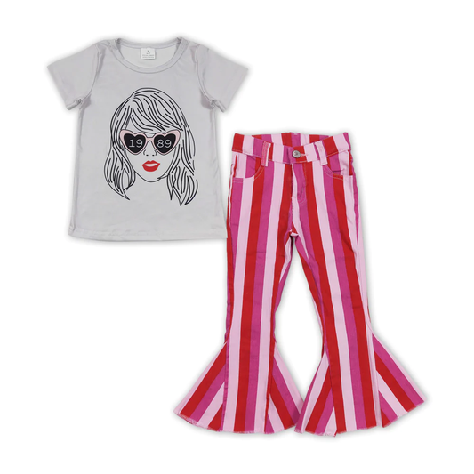 GSPO1470 Baby Girl Short Sleeves Singer Shirt Pink Stripes Denim Pants Set