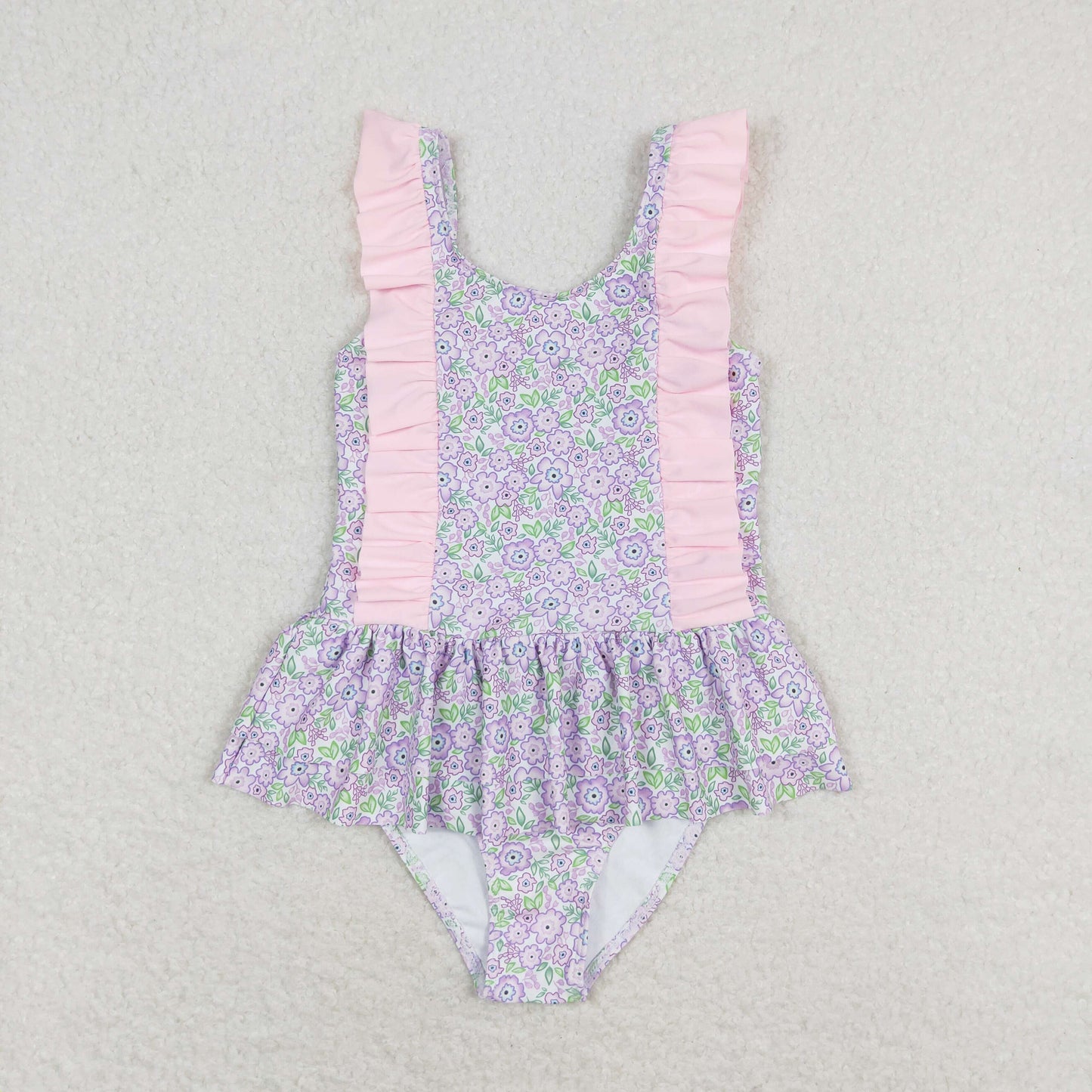 Baby Girl Ruffle Sleeves Floral Purple One-piece Swimsuit