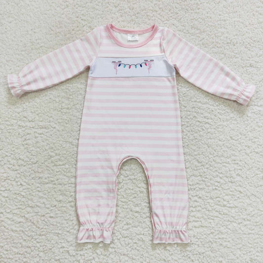 LR0582  Baby Girl Embroidery Christmas Lights Long Sleeves Pink Stripes One Piece Romper