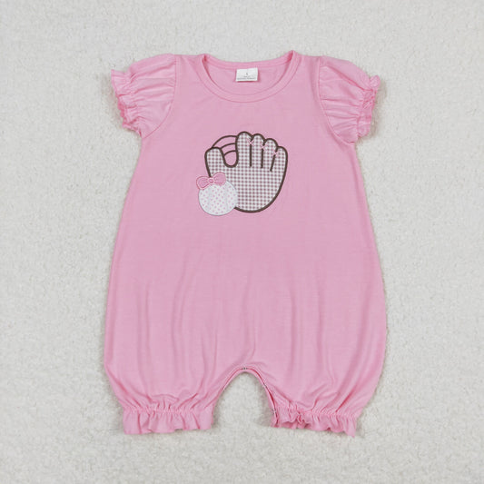 Baby Girl Short Sleeves Embroidery Baseball Pink One Piece Romper