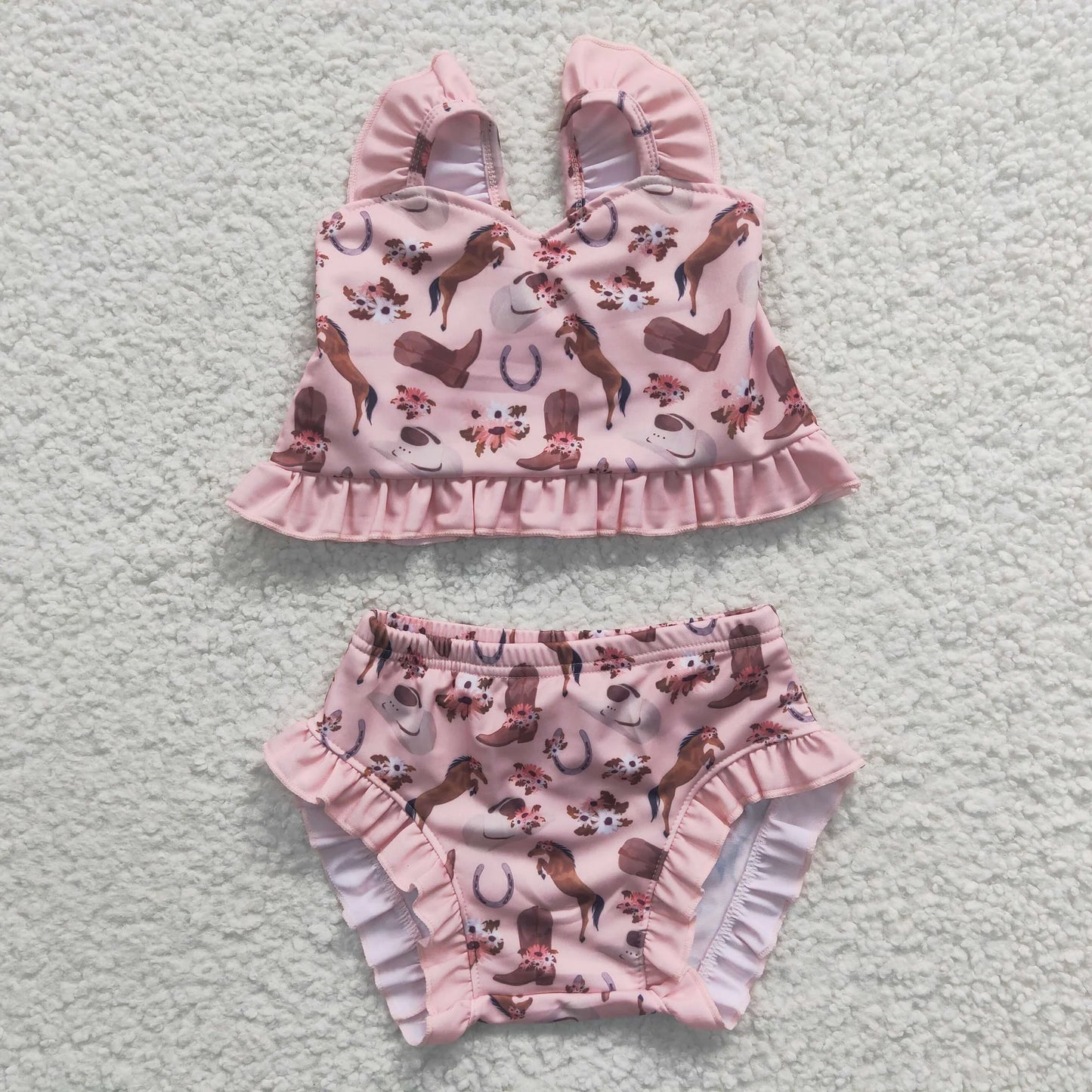 Promotion Baby Girl Western Boots Horse Floral Swimsuit Summer Bathing Suit Outfit RTS