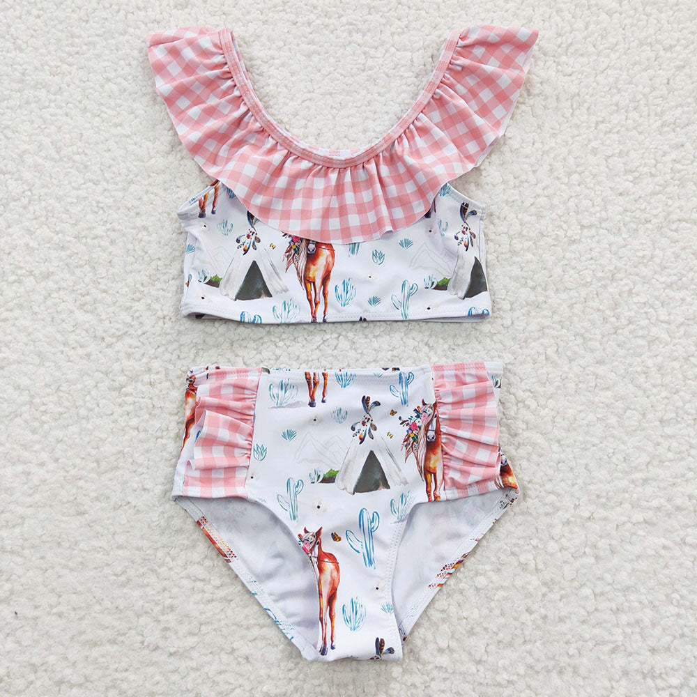 Baby Girl Western Horse Cactus Pink Checked Sibling Swimsuit RTS