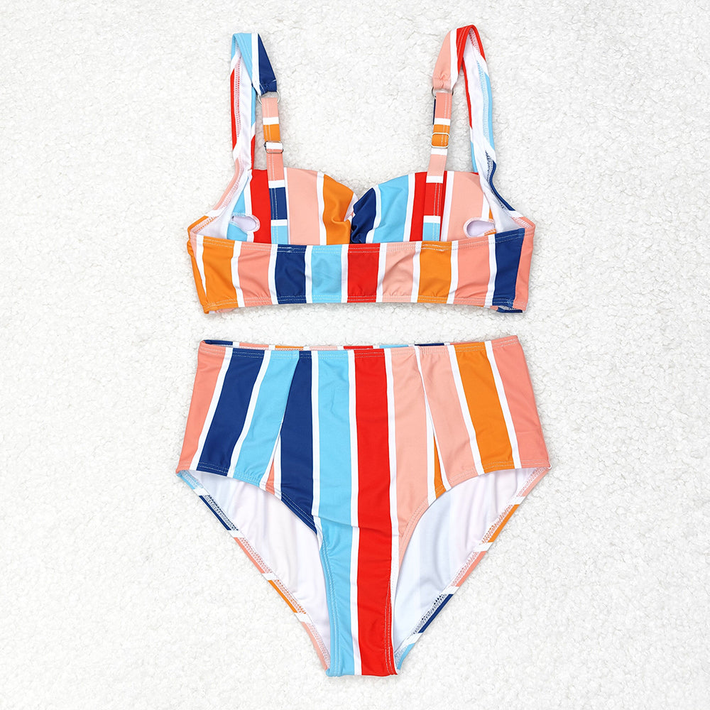 Adult Women Colorful Stripes Tops Bottom Swimsuit Set