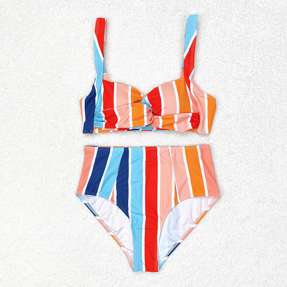 Adult Women Colorful Stripes Tops Bottom Swimsuit Set