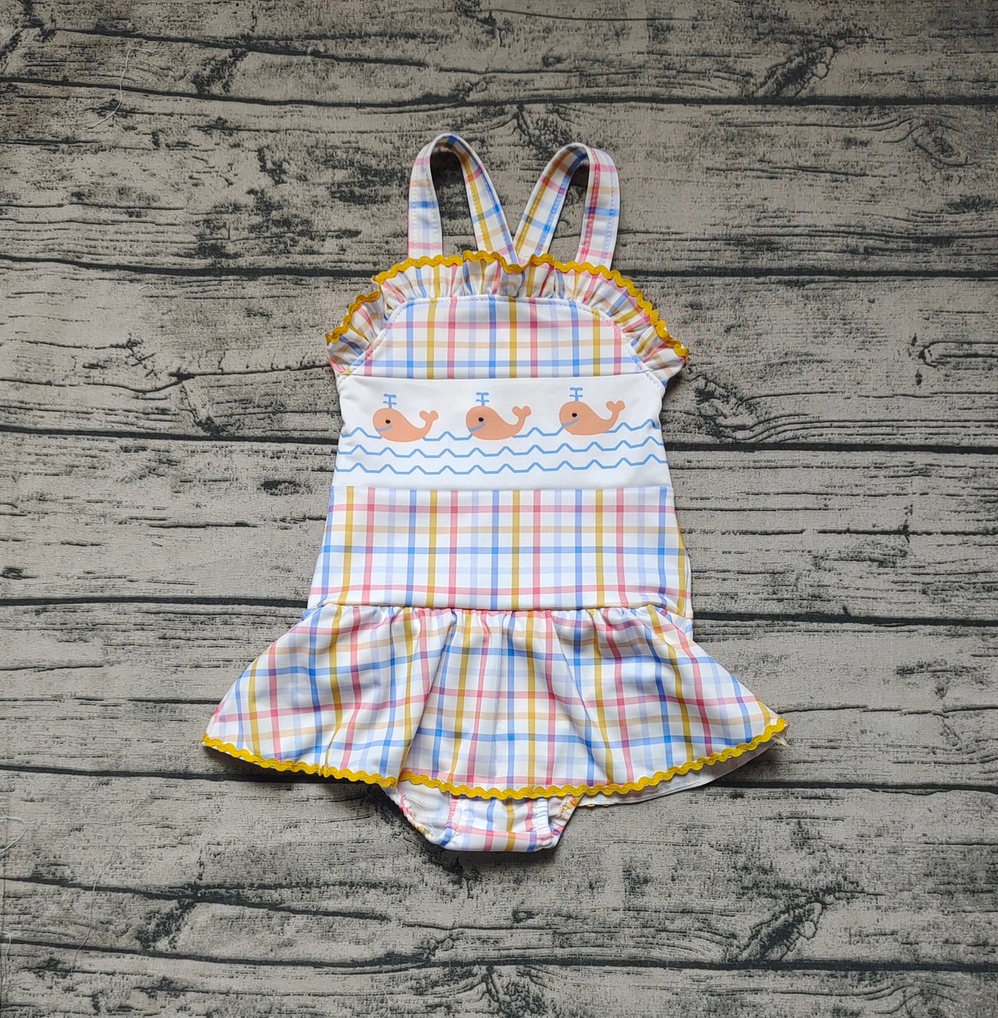 Baby Girl Sleeveless Whales Plaid One Piece Swimsuit