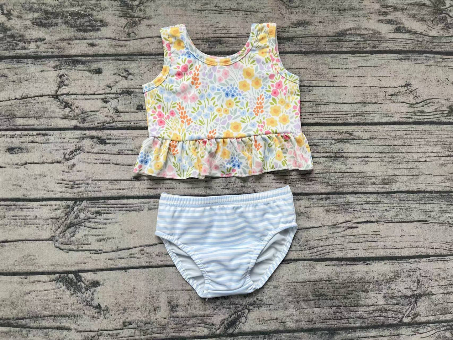 Baby Girl Bathing Suit Floral Tops Stripes Shorts Set Swimsuit