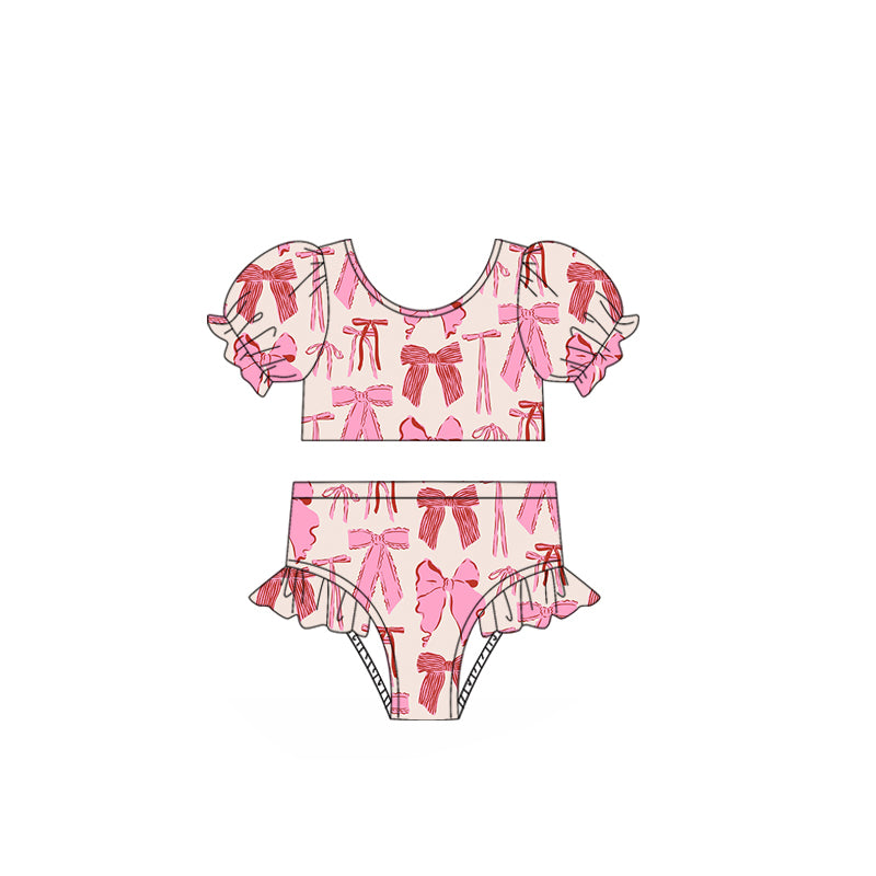 Preorder Baby Girl Short Sleeves Pink Bows Tops Bummie Swimsuit ( Moq 5 )