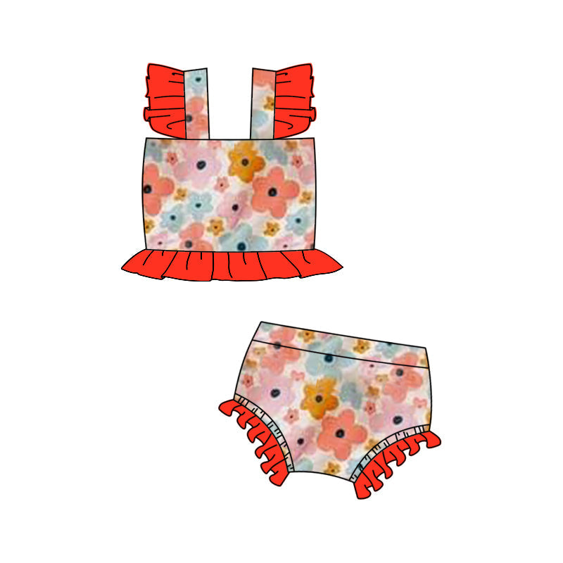 Preorder Baby Girl Short Sleeves Flower Bummie Ruffle Swimsuit ( Moq 5 )