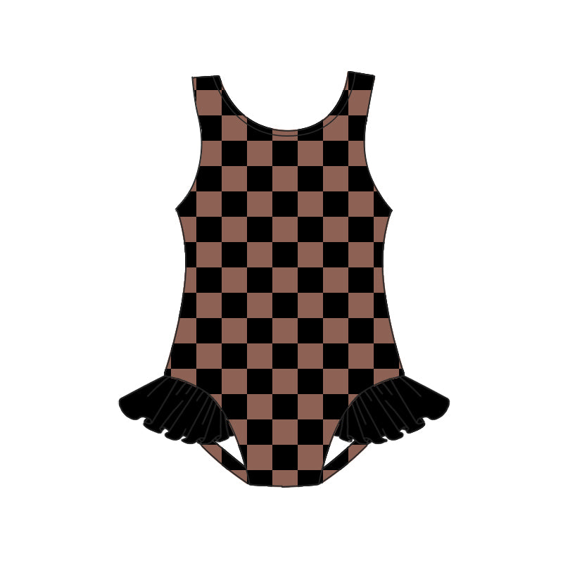 Preorder Baby Girl Sleeveless Brown Checkered One Piece Swimsuit ( Moq 5 )