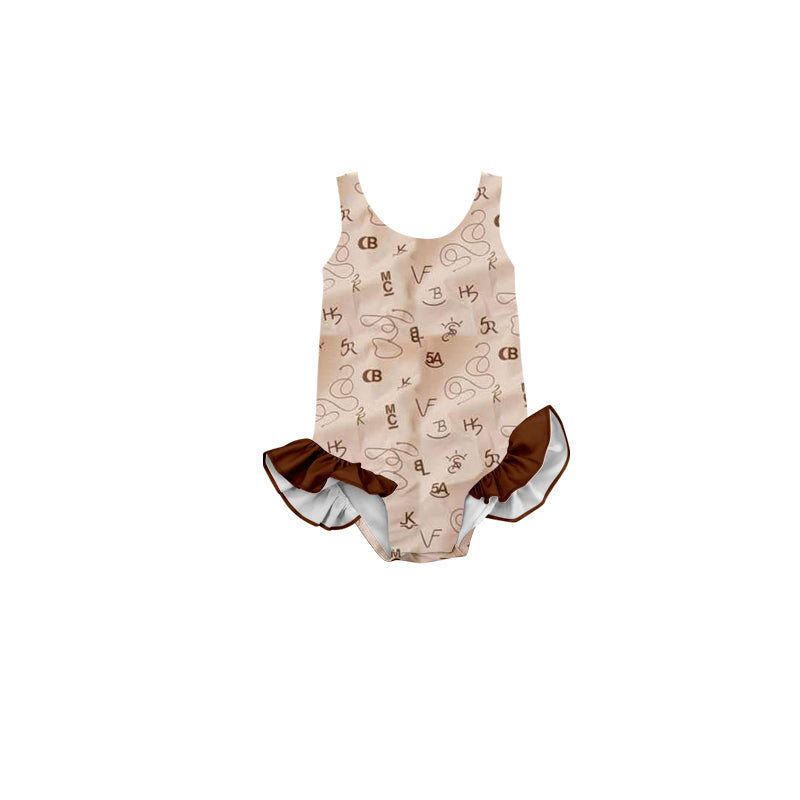 Preorder Baby Girl Sleeveless Brown Western One Piece Swimsuit ( Moq 5 )