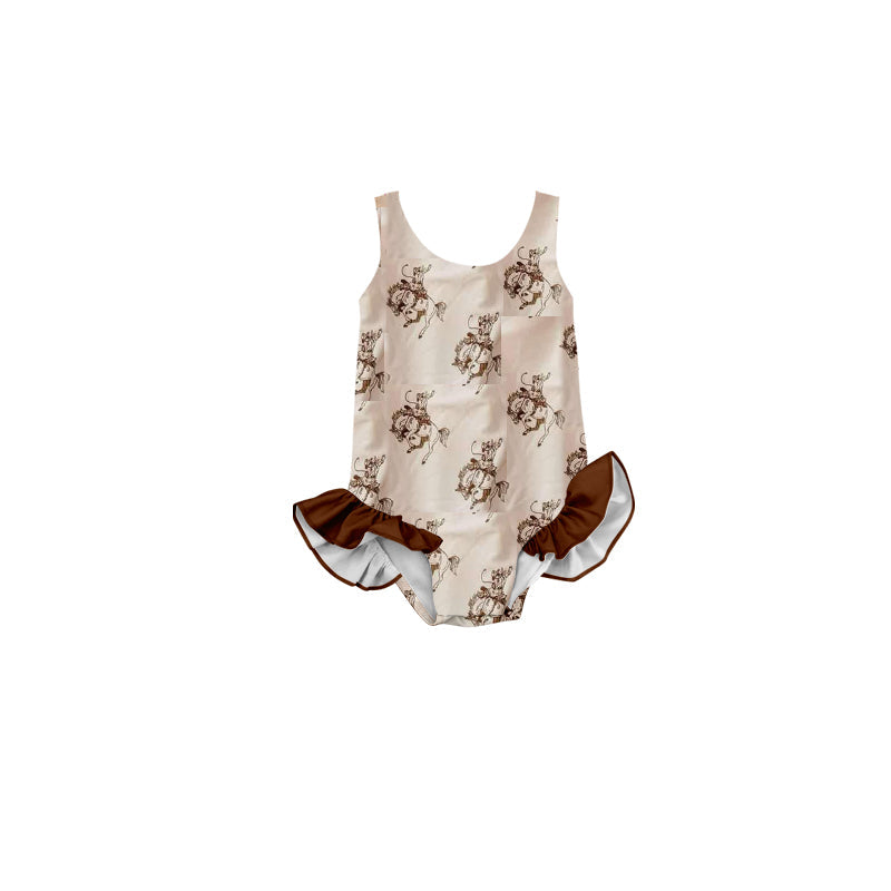 Preorder Baby Girl Sleeveless Brown Rodeo Western One Piece Swimsuit ( Moq 5 )