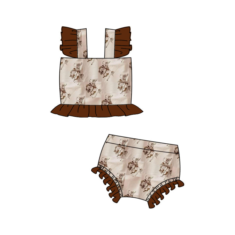 Preorder Baby Girl Short Sleeves Brown Rodeo Western Tops Bummie Swimsuit ( Moq 5 )