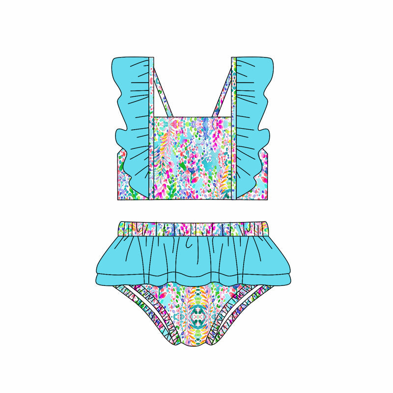Preorder Baby Girl Flower Tops Blue Ruffle Shorts Swimsuit ( Moq 5 )