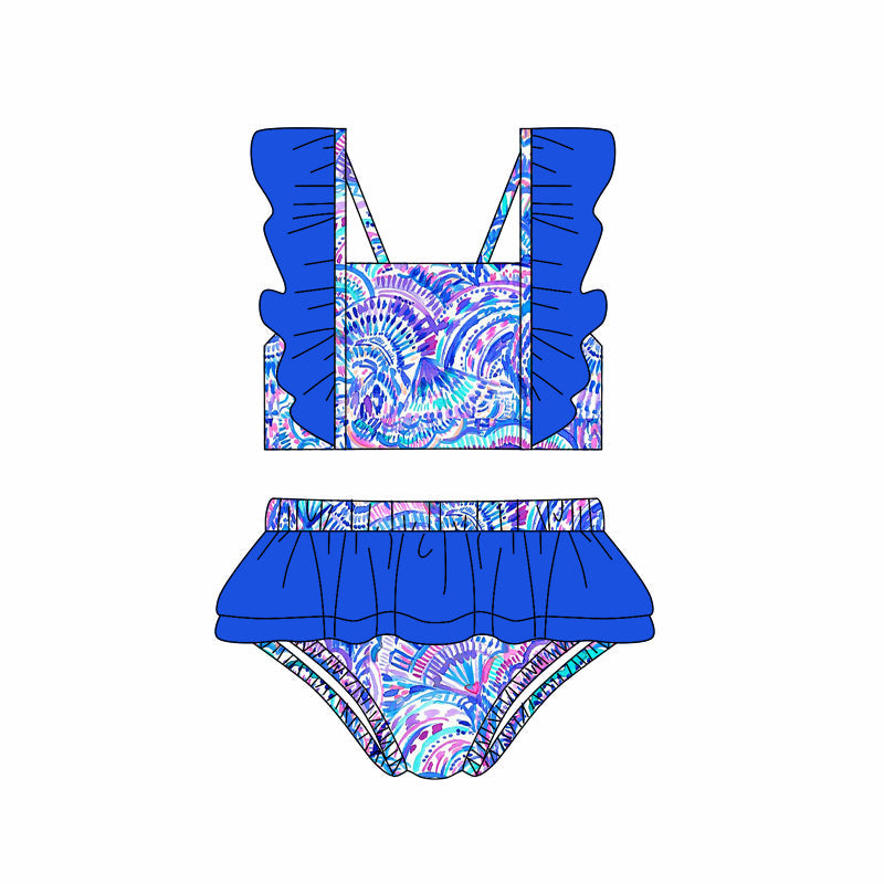 Preorder Baby Girl Ruffle Seashell Flower Tops Shorts Blue Swimsuit ( Moq 5 )
