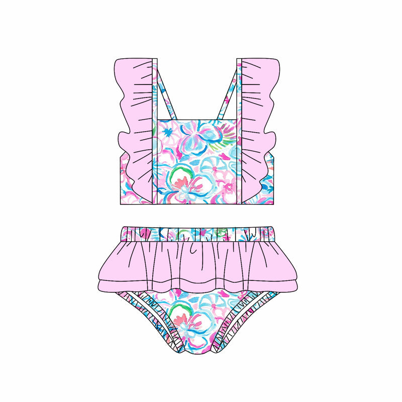 Preorder Baby Girl Floral Tops Pink Ruffle Shorts Swimsuit ( Moq 5 )