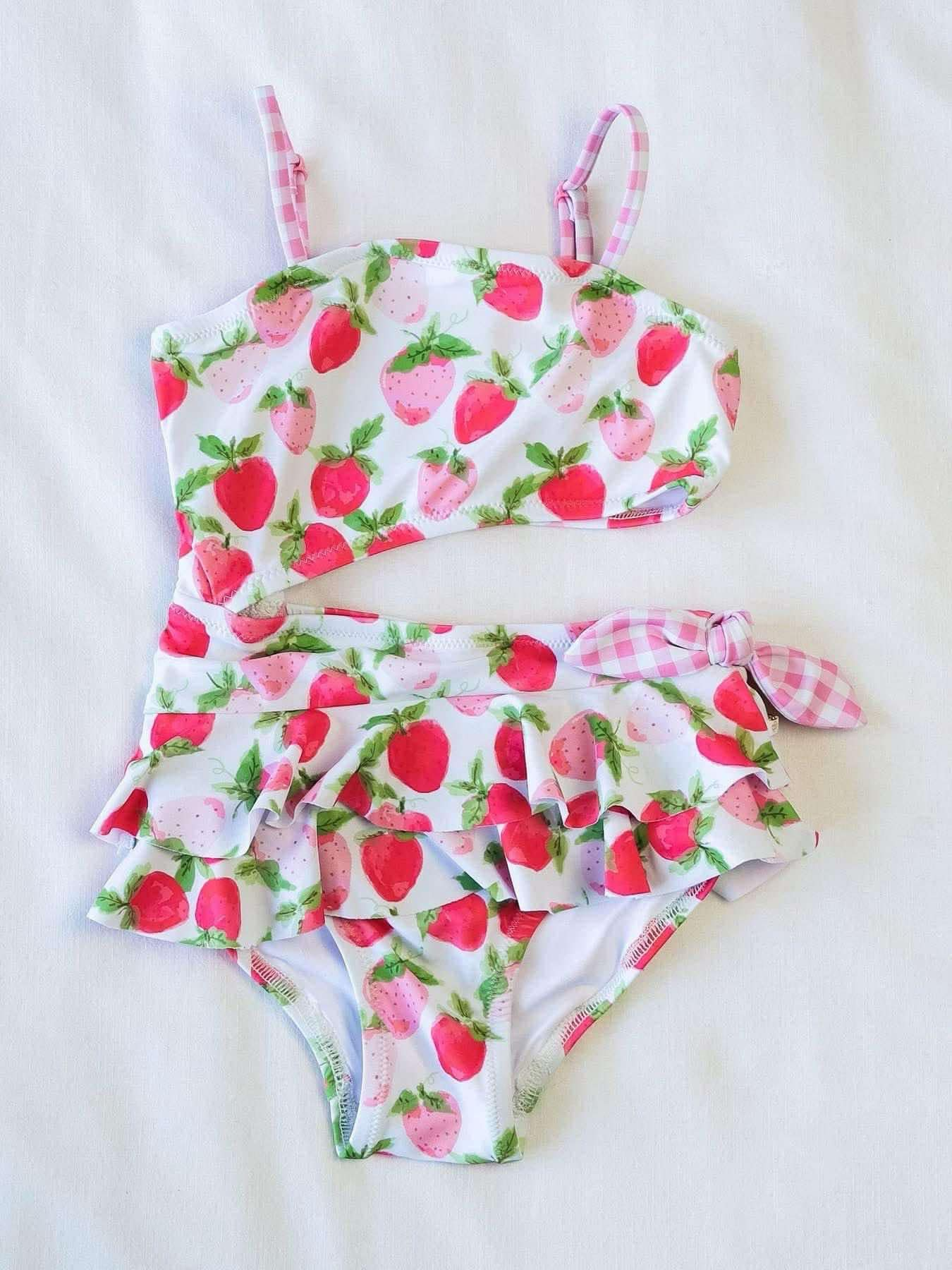 Preorder Baby Girl Straps Strawberry One Piece Ruffle Swimsuit ( Moq 5 )