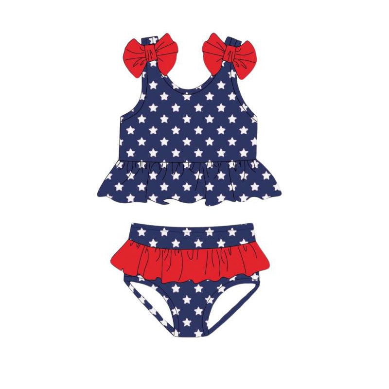 Preorder Baby Girl Bows July 4th Stars Tops Ruffle Shorts Set Bathing Swimsuit ( Moq 5 )