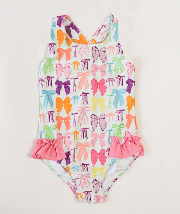 Preorder Baby Girl Sleeveless Colorful Bows Ruffle One Piece Swimsuit（ Moq 5 ）
