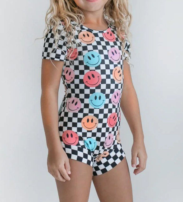 Preorder Baby Girl Short Sleeves Checkered Smile One Piece Swimsuit ( Moq 5 )