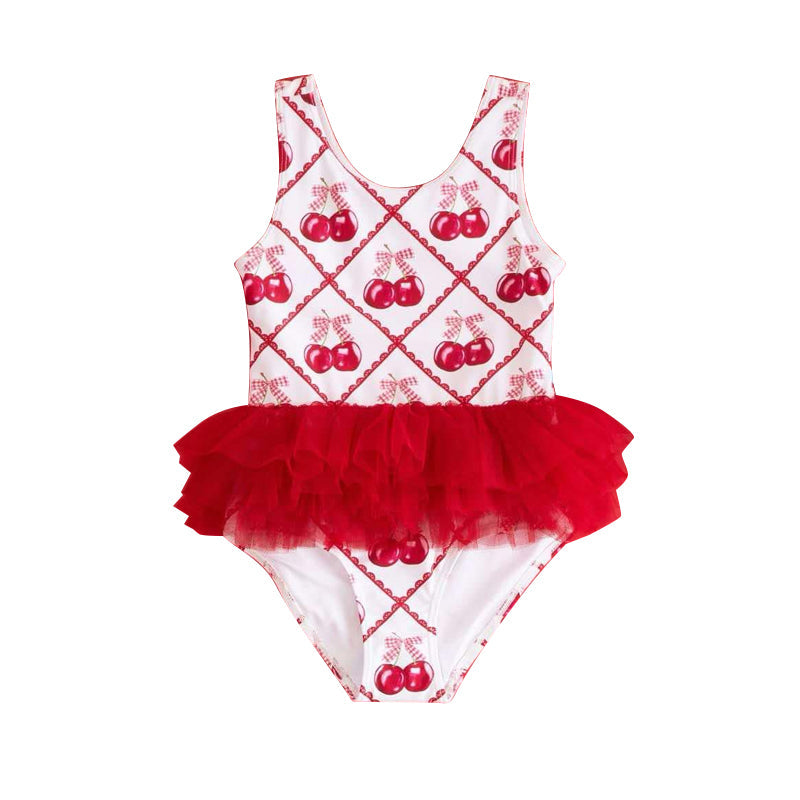 Preorder Baby Girl Sleeveless Red Cherry Ruffle One-piece Swimsuit ( Moq 5 )