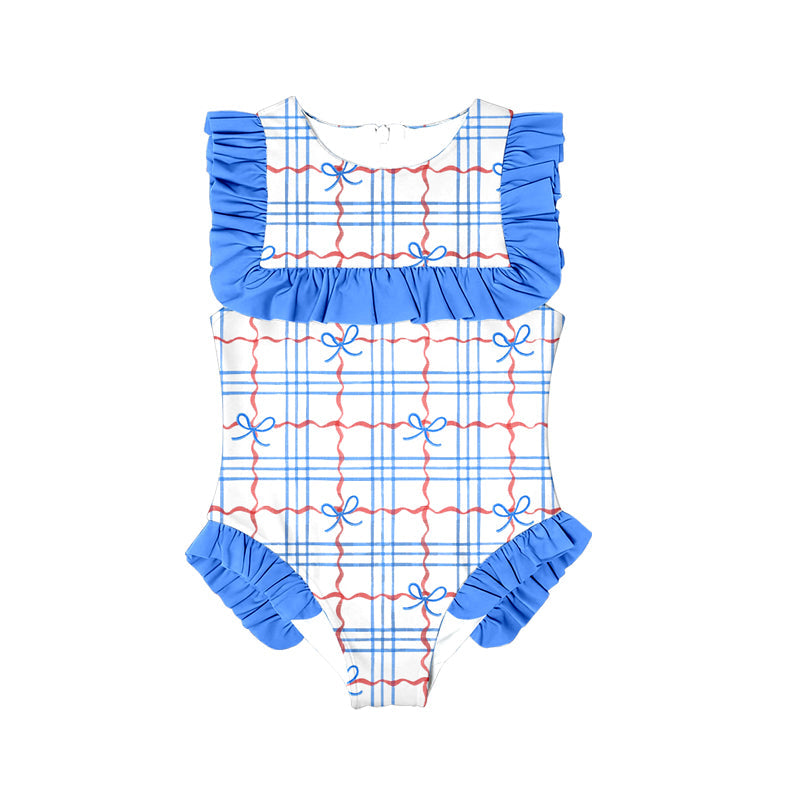 ( Moq 5 ) Preorder Baby Girls Bows Plaid July 4th Blue Ruffle One-piece Swimsuit