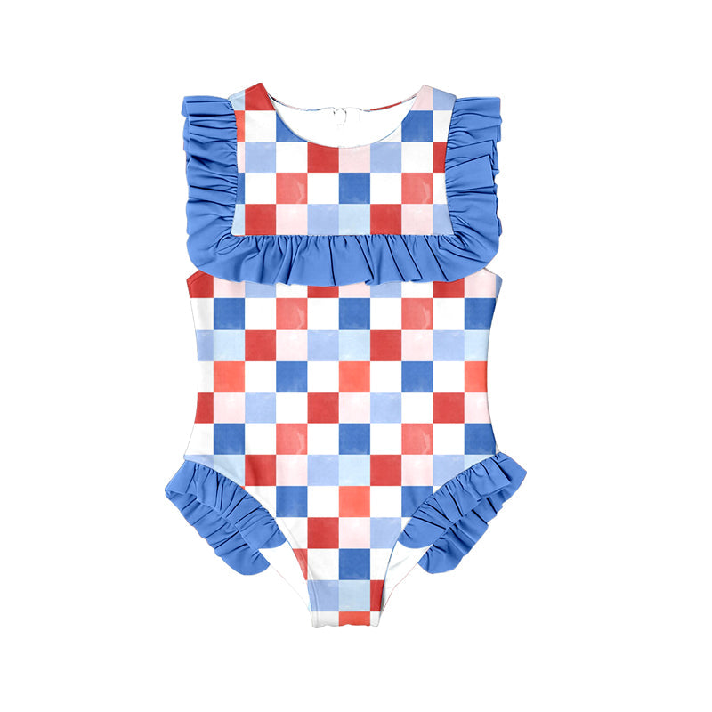 ( Moq 5 ) Preorder Baby Girls Checked July 4th Blue Ruffle One-piece Swimsuit