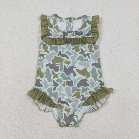 Sibling Baby Girls Kids Short Sleeves Ducks Camo Ruffle One-piece Swimsuits RTS