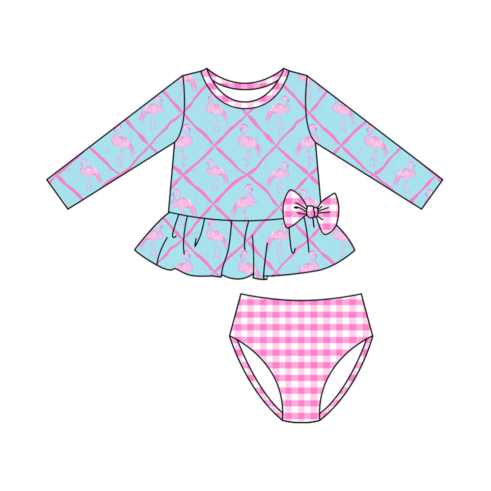 ( Moq 5 ) Preorder Baby Girls Long Sleeves Plaid Bows Tops Bummie Swimsuit