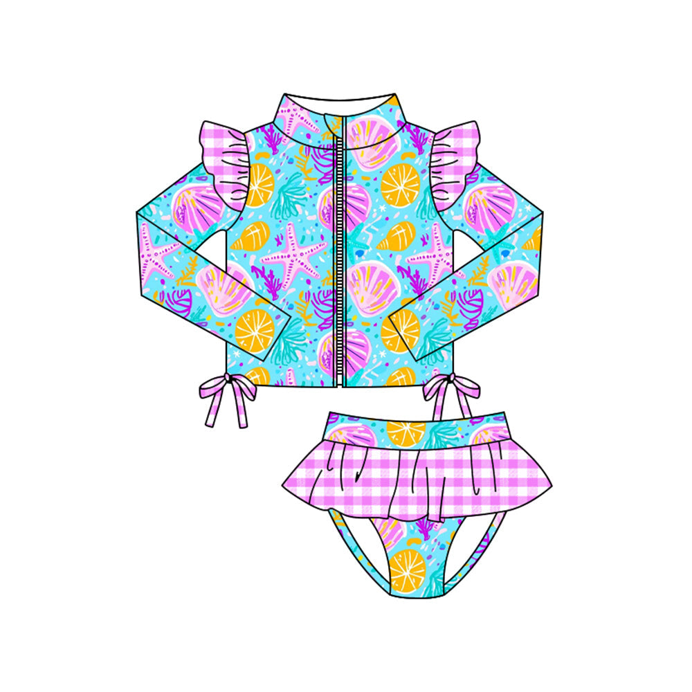 ( Moq 5 ) Preorder Baby Girls Zipper Shells Starfish Tops Plaid Ruffle Bummie Swimsuit