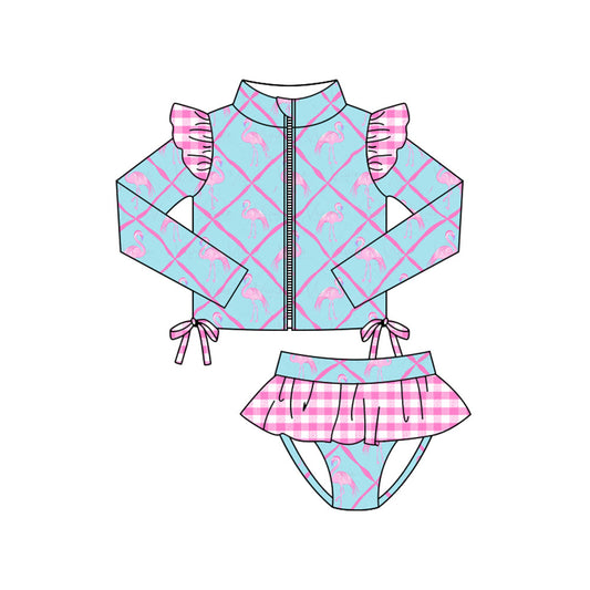 ( Moq 5 ) Preorder Baby Girls Long Sleeves Plaid Zipper Tops Ruffle Bummie Swimsuit