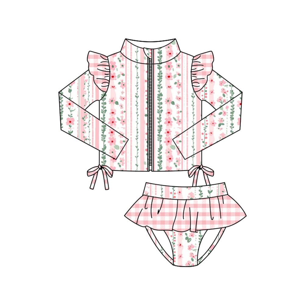 ( Moq 5 ) Preorder Baby Girls Flower Stripes Zipper Ruffle Tops Bummie Shorts Swimsuit