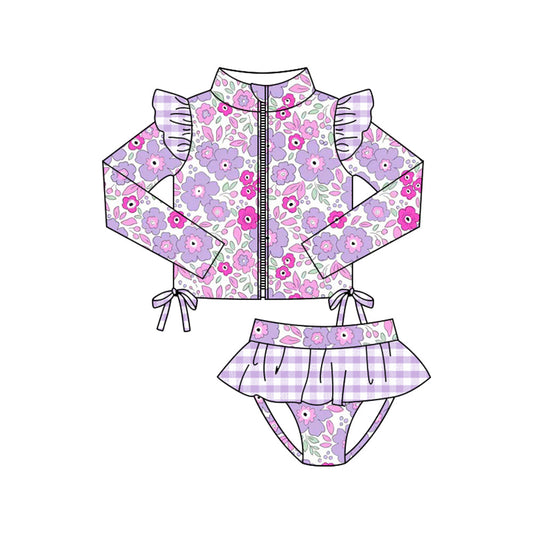 ( Moq 5 ) Preorder Baby Girls Flower Zipper Ruffle Tops Purple Plaid Bummie Shorts Swimsuit