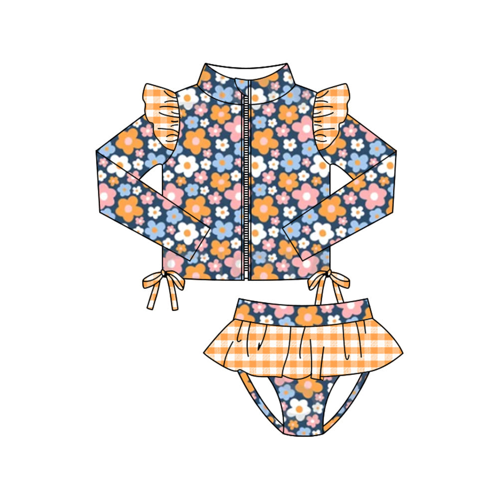 ( Moq 5 ) Preorder Baby Girls Flower Zipper Ruffle Tops Plaid Bummie Shorts Swimsuit