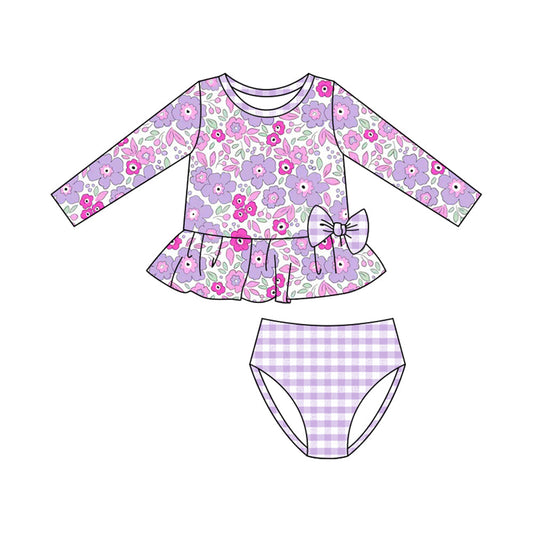 ( Moq 5 ) Preorder Baby Girls Long Sleeves Flower Tops Purple Plaid Bummie Shorts Swimsuit