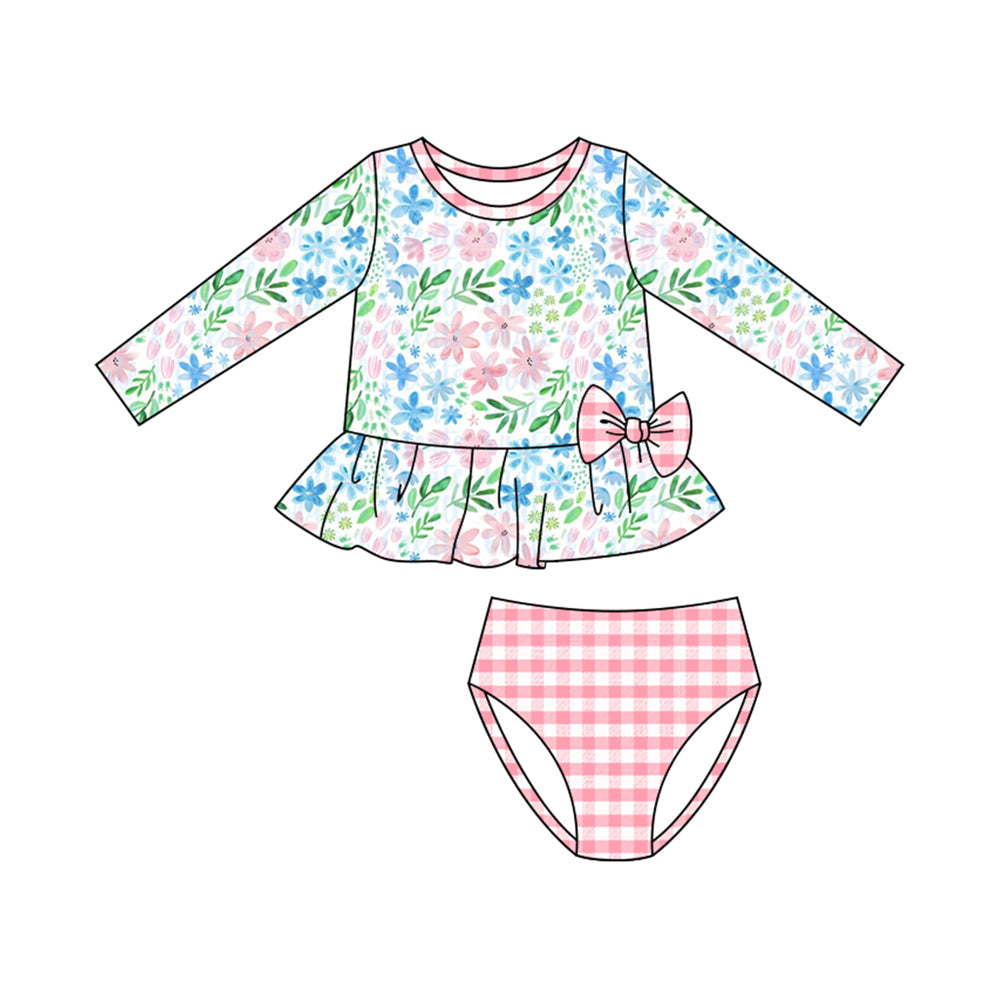 ( Moq 5 ) Preorder Baby Girls Long Sleeves Flower Bows Tops Pink Plaid Bummie Shorts Swimsuit