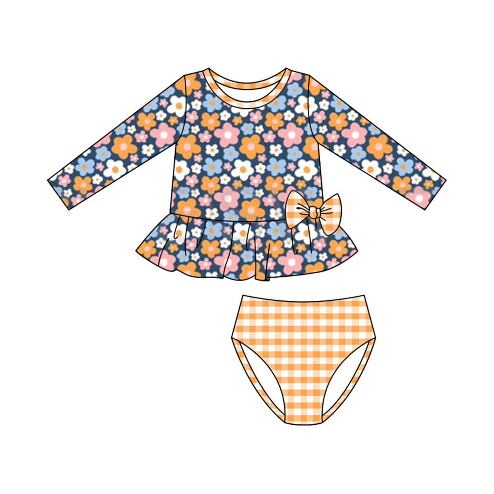 ( Moq 5 ) Preorder Baby Girls Long Sleeves Flower Tops Plaid Bummie Shorts Swimsuit