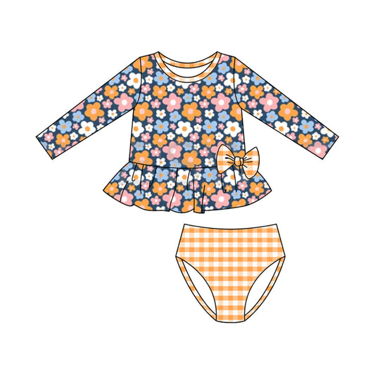 ( Moq 5 ) Preorder Baby Girls Long Sleeves Flower Tops Plaid Bummie Shorts Swimsuit